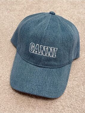 Ganni Logo Embroidery Denim Baseball Cap